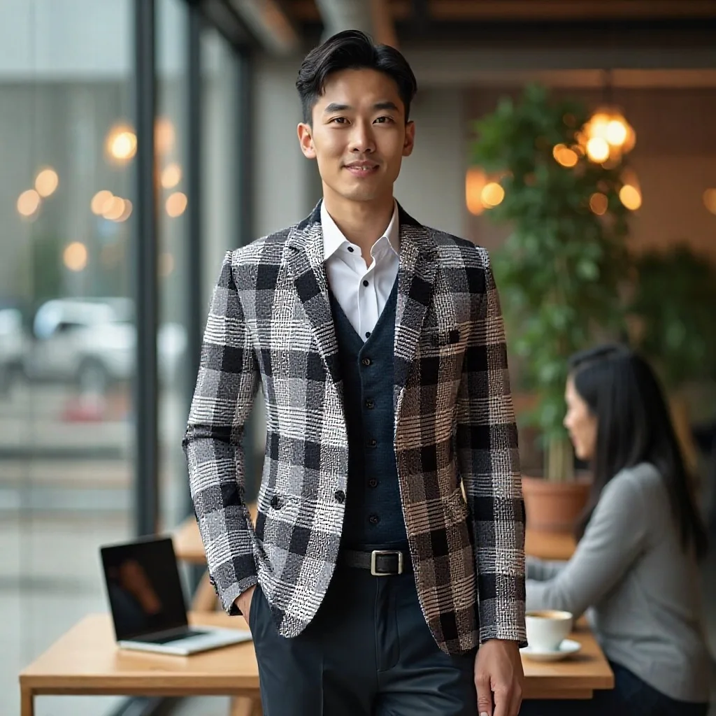 

KIDWHXR пиджак мужской винтажный клетчатый отложной воротник мужской костюм пальто однобортный мужской деловой универсальный верх с длинными рукавами