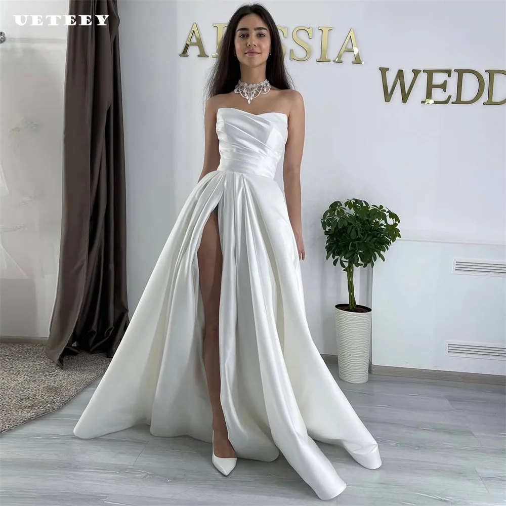 

UETEEY Customized Simple Strapless High Slit Satin Wedding Dress For Women A Line Zipper Back Bridal Gown vestidos de novia