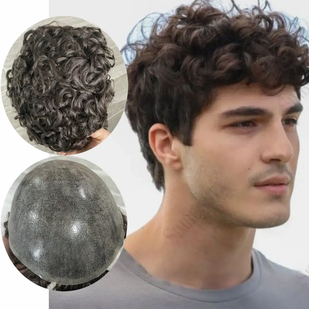 

20mm Curly Human Hair Capillary Prosthesis Men's Toupee Invisiable Thin Skin Base Super Durable Male Wigs Replacement System