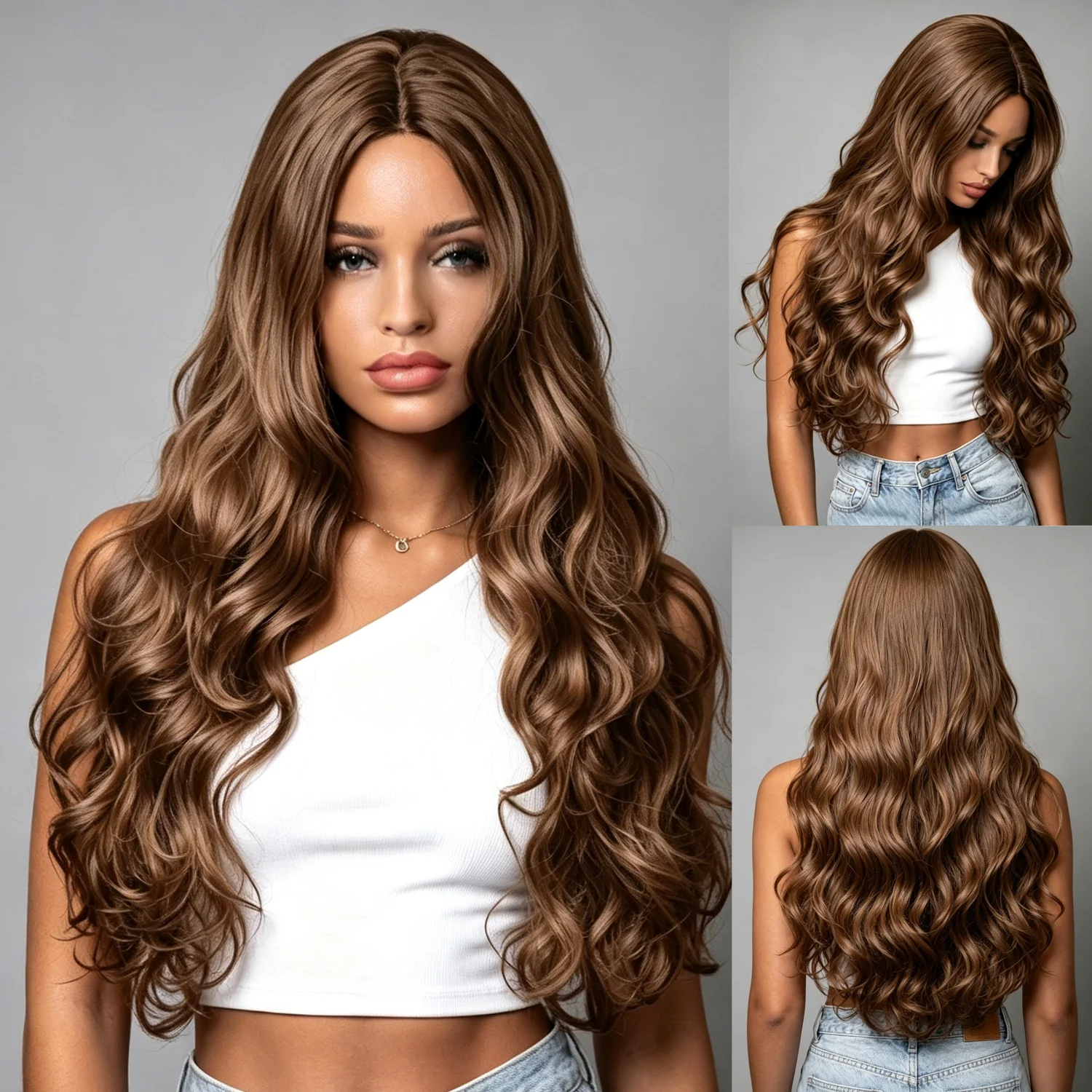 

Daily Wear Middle Part Long Wavy Light Brown Wig for Women Loose Wave Synthetic Wig Red Hair Heat Resistant Wigs for Cosplay