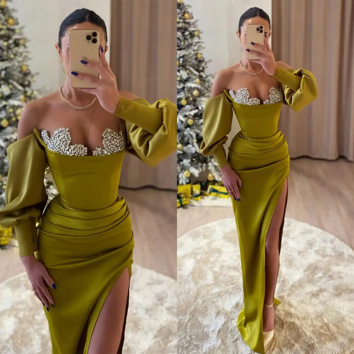 

Off Shoulder Olive Evening Dresses Glitter Crystals Satin Prom Gowns Sexy Side Split Customized Charming Wedding Guest Gowns