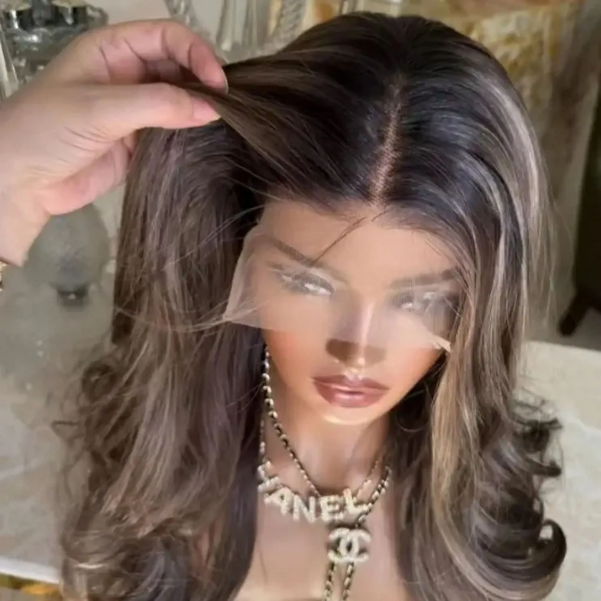 New In Ombre Dark Chestnut Brown Wigs Balayage Body Wave Synthetic Lace Frontal Wigs Female Realistic Look Natural Hairline Hair