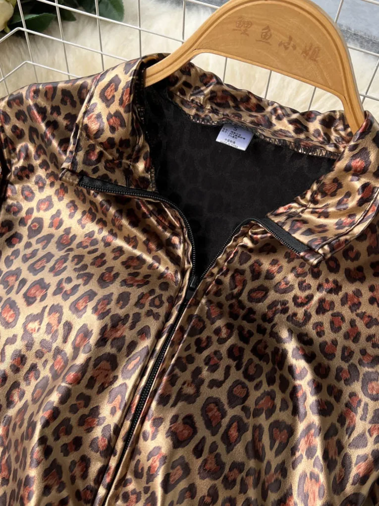 Foamlina Sexy Leopard Print PU Leather Jumpsuit Women New Sprint Autumn Zipper Up Stand Collar Long Sleeve Pencil Pants Overalls