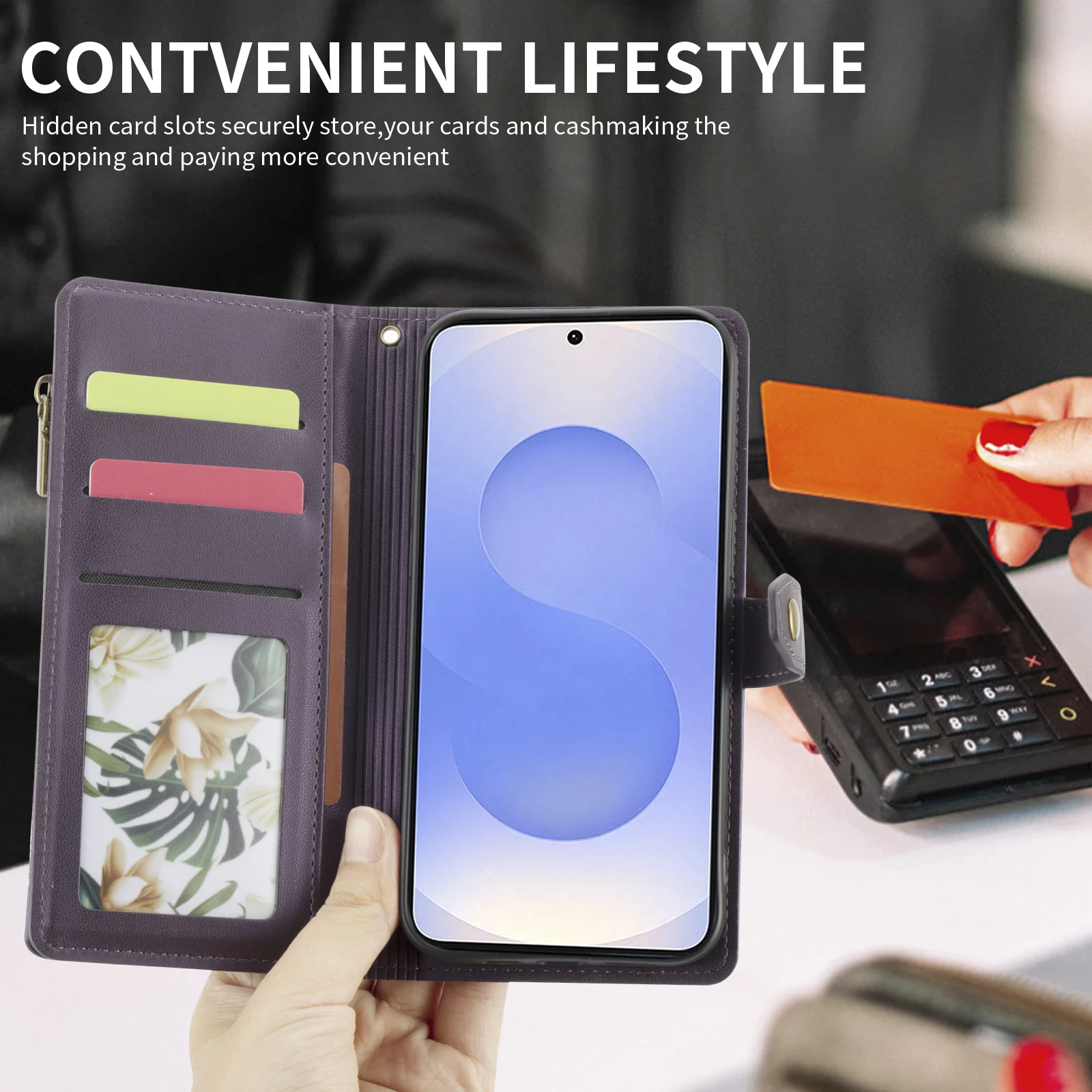 Brieftaschen-Handyhülle für Samsung A12/A13/A14/A15/A16/A52/A26/A56 mit Mehrfach-Kartenfächern, Reißverschluss-Münzfach und Handschlaufe, Kunstleder-Schutzhülle – Detail 10