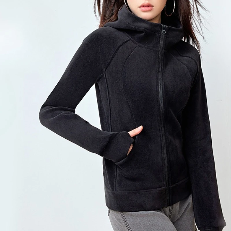 

Модная простая осенне-зимняя двусторонняя бархатная однотонная спортивная толстовка для женщин, толстовки с капюшоном для бега, фитнеса, йоги, куртки