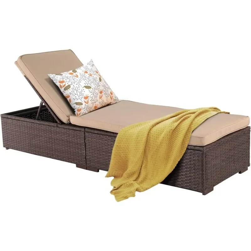 Patio Chaise Lounge Chair, Sun Lounger, Outdoor Pool Beach Brown PE Rattan Wicker Reclining Chair W/Adjustable Backrest