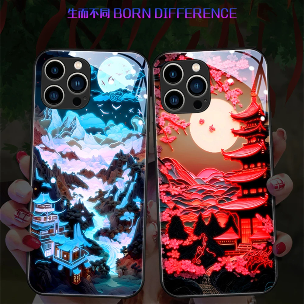 Japanese Temple Cherry Blossom Smart Led Light Music Luminous Cell Phone Case For iPhone 16 15 14 13 12 11 Pro Max XR XS Plus