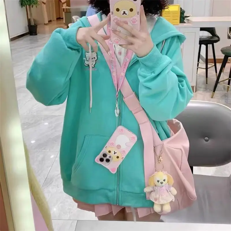 Ropa キュートなパーカー コート 漫画風キュートな猫耳プリント フード付きスウェットシャツ Y2K トップス レディース服 カジュアル ジップアップ ルーズ 新作パーカー