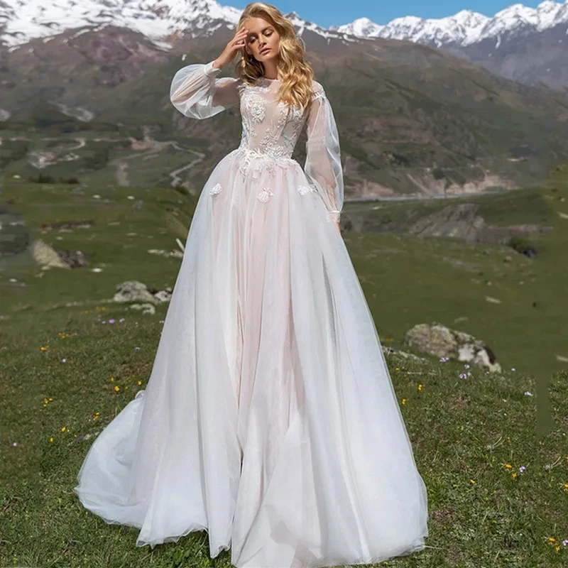 

Classic Wedding Dresses For Women 2023 A-Line Long Puff Sleeves Vintage Bridal Robes Lace Appliques Tulle Vestidos De Novia 2024