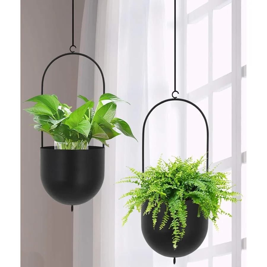 

Set of 2 Metal Hanging Planters - Flower Pots Matte Black - Big Size Pots - Mid Century Modern for Home Dector Indoor and Outdo