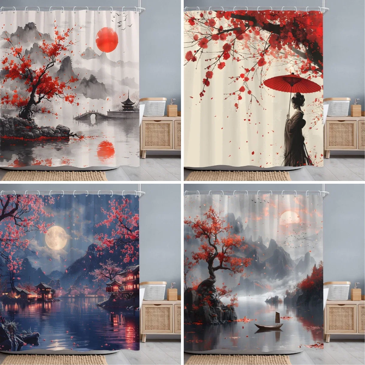 Japanese Red Cherry Blossom Seascape Shower Curtain Chinese Landscape Ink Painting Printed Fabric Shower Curtains Bathroom Decor