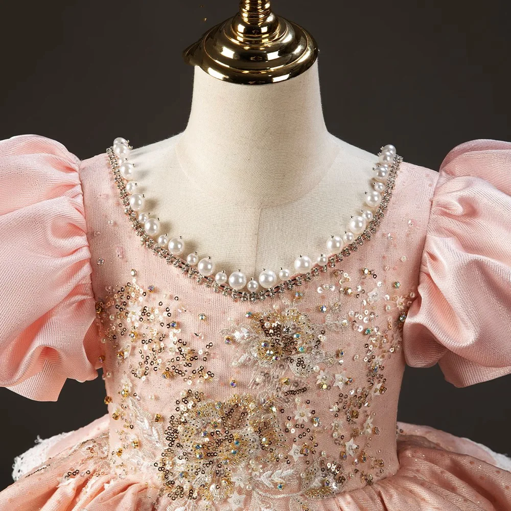 Robe de princesse en dentelle perlée pour enfants, robes de demoiselle d'honneur roses, robe de reconstitution historique à lacets dans le dos, broderie, première communion, image réelle