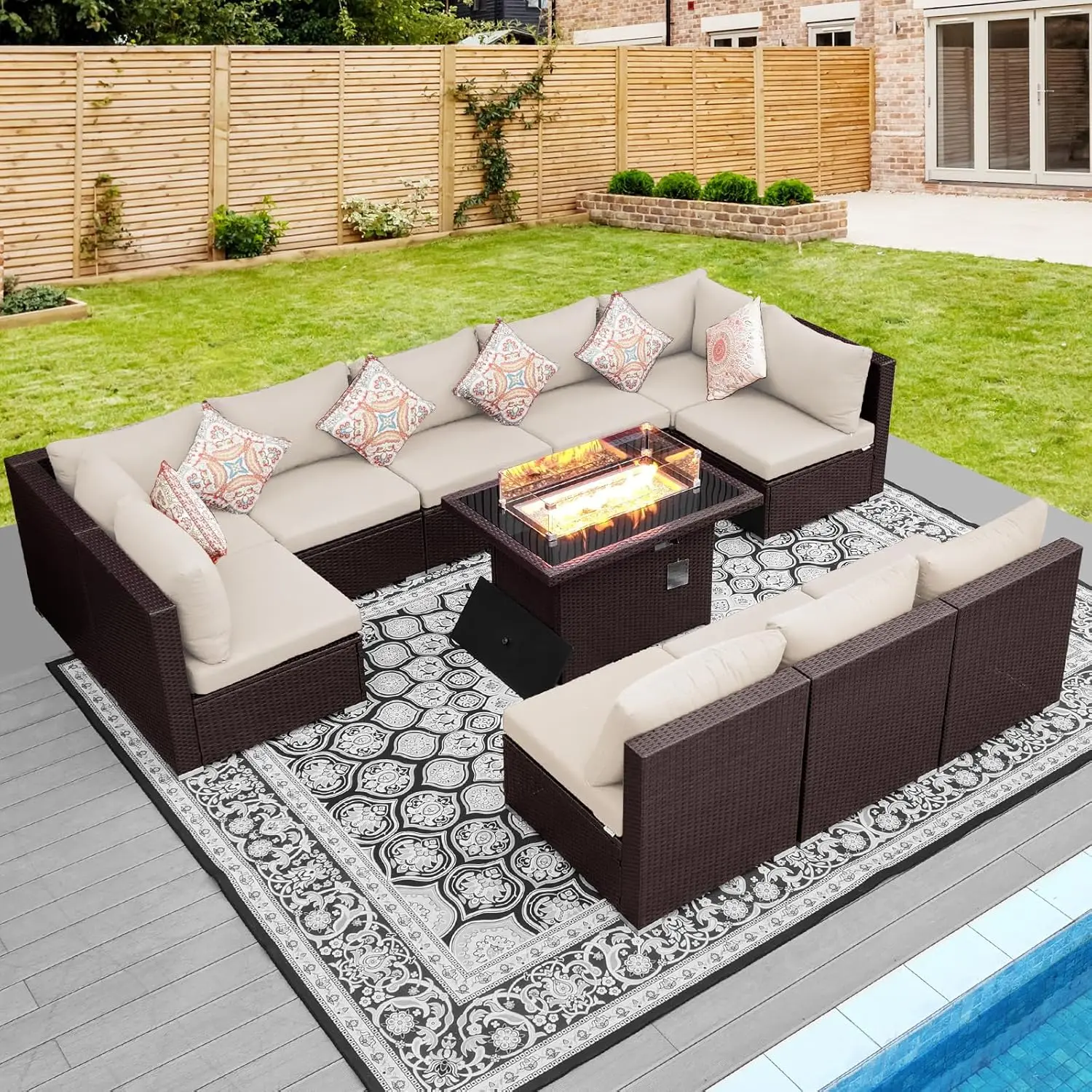 NICESOUL ® 11 piece outdoor terrace combination furniture large-sized PE sofa cover with natural gas fire pit table