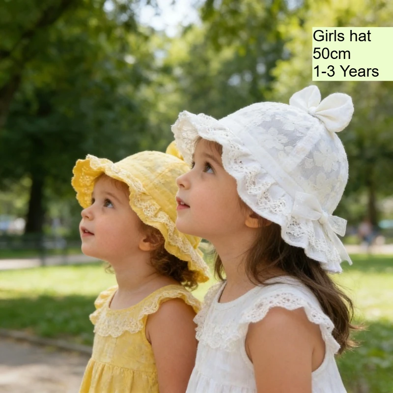 

Spring Summer Kid Fisherman Hat 50cm 1-3 Years Baby Girls Hat Girl Thin Breathable Lace Sun Protection Princess Bow Girl Toddler