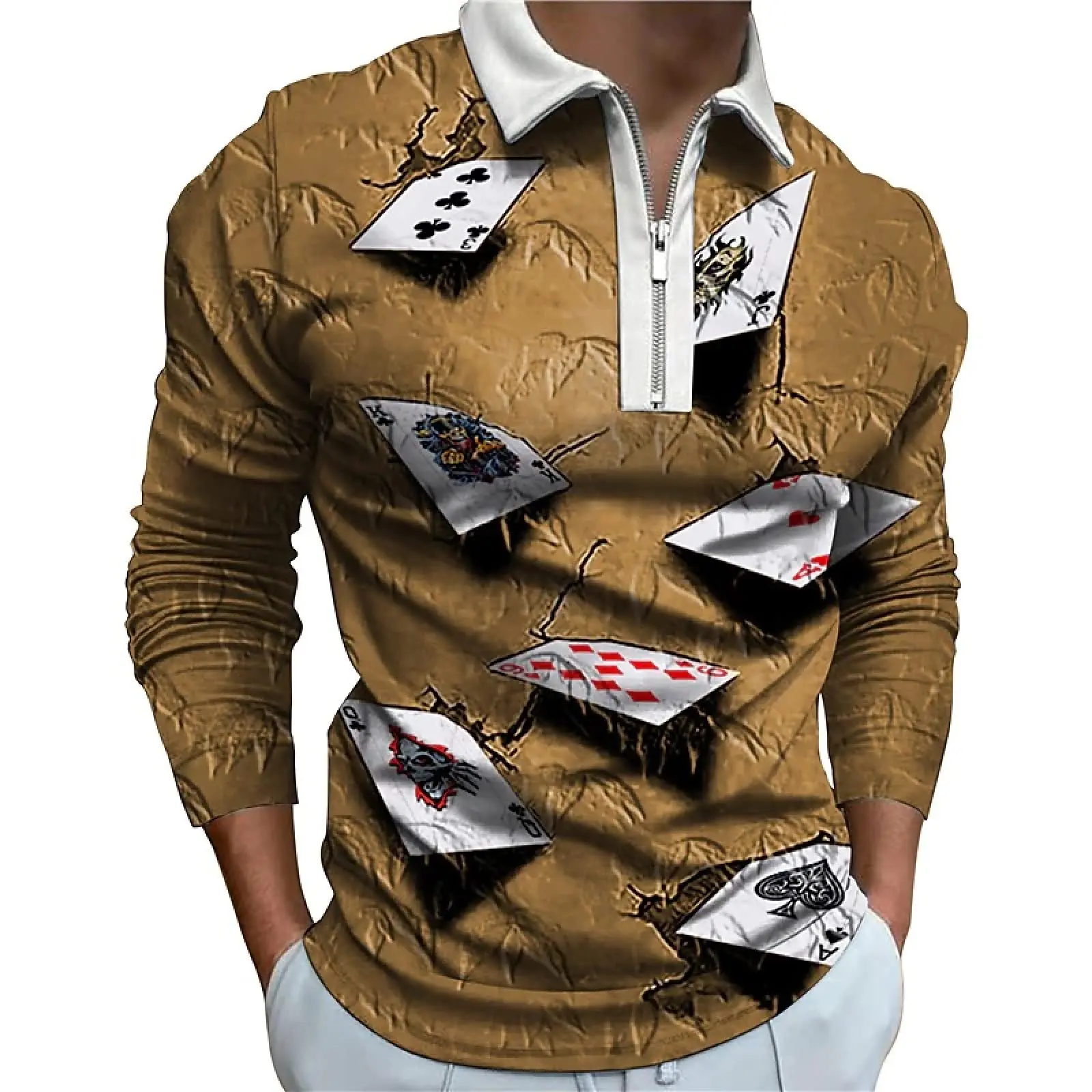 Polo Shirts Men Playing Card Pattern Prints Street Harajuku Zipper Golf T-Shirt Men Tops Ventilate Long Sleeve Men's Clothing