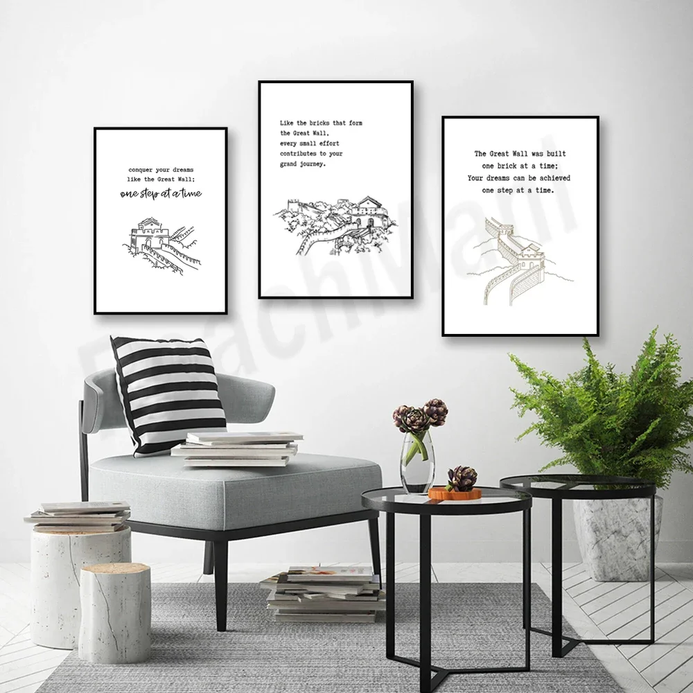Great Wall of Inspiration: Inspirational Quotes Simple Line Art, Wonders of the World Office Living Room Decor Poster