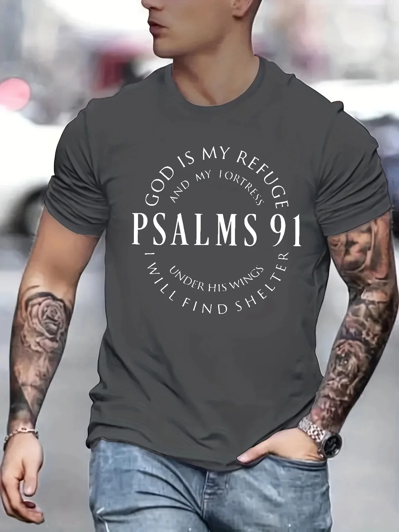 Men\'s 100% cotton summer loose fit Trendy Letter Psalms 91 Letter Ring Pattern print casual round neck short sleeved T-shirt