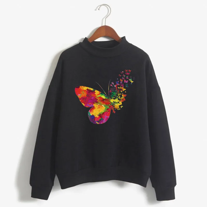 

Cartoon Butterfly Floral Elegant Print Women Sweatshirt Korean O-neck Knitted Pullover Thick Autumn Candy Color Lady Clothing