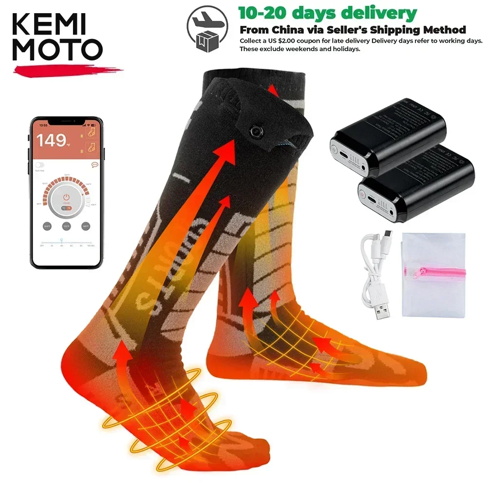 KEMIMOTO Motorcycle Heated Socks APP Contorl Battery Stocking Thicken Cotton Winter Socks Foot Warmers For Skiing Hunting Moto