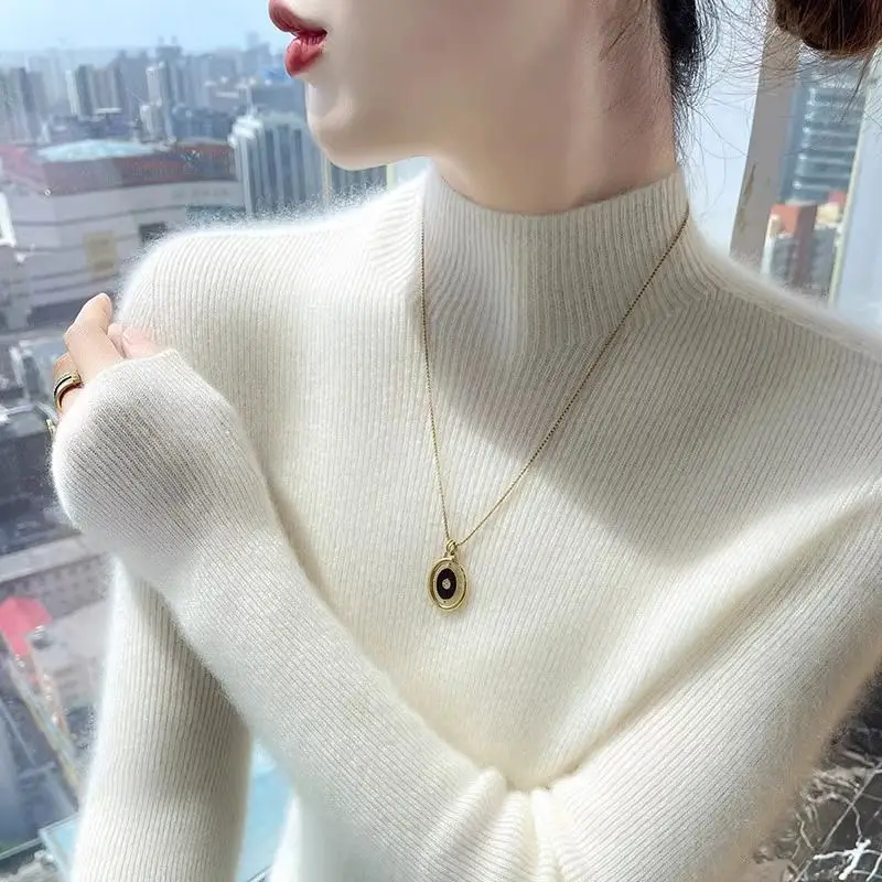 

New Soft Cashmere Women's Warm Knitted Stripe Sweater Turtleneck Base Shirt Thick Winter Style Full Sleeve Solid Color M173