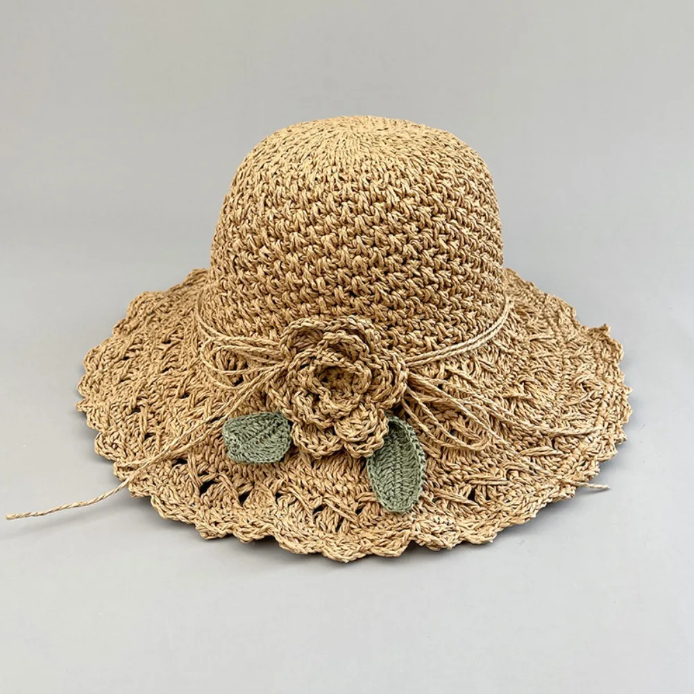 Elegant Crochet Straw Hat with Ruffle Detail Womens Summer Beach Straw Cap UV Protection Hand-Woven Sun Hat