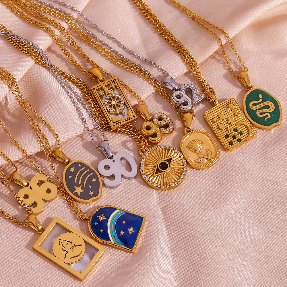 Luxury Rose งู Tarot ดวงดาวพระอาทิตย์ Lucky Angel จำนวน Evil Eye จี้สร้อยคอสแตนเลส Designer เครื่องประดับสำหรับผู้หญิง
