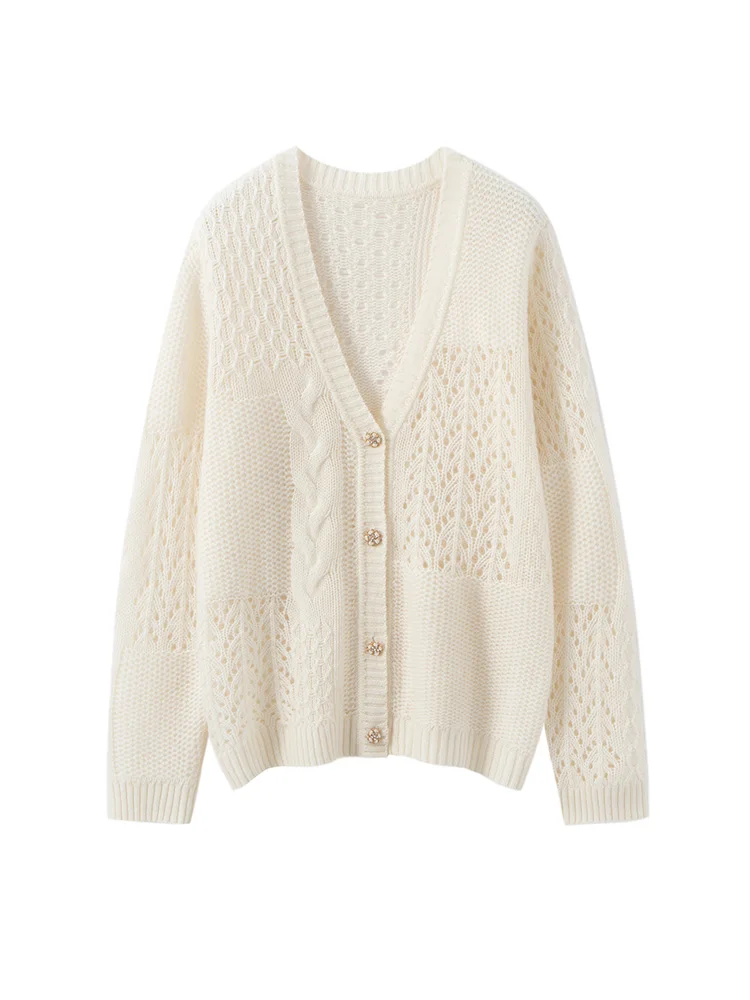 Chic Herbst Winter Grace Weiche Jacquard Hohl Strickjacke Neue V-ausschnitt Adrette frauen 100% Kaschmir Pullover Luxus gestrickte Tops