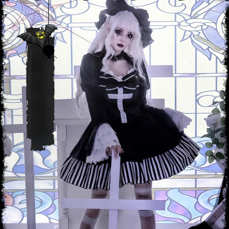 Gothic Lolita Dress Women Halloween Kawaii Bow Lace Patchwork Black Velvet Princess Dresses Girls Slim Bandage Party Mini Dress