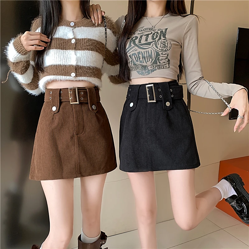 Belted Mini Corduroy Skirt with Matching Belt High Waist A-line Short Skirt Winter Women Teenage Girl Fall Y2K Outfit