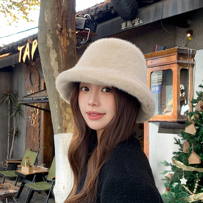 Winter Rabbit Plush Fisherman Hats Solid Color Girl Fashion Bucket Hat Warm Windproof Cold-proof Wide Brim Lady Women Artist Cap