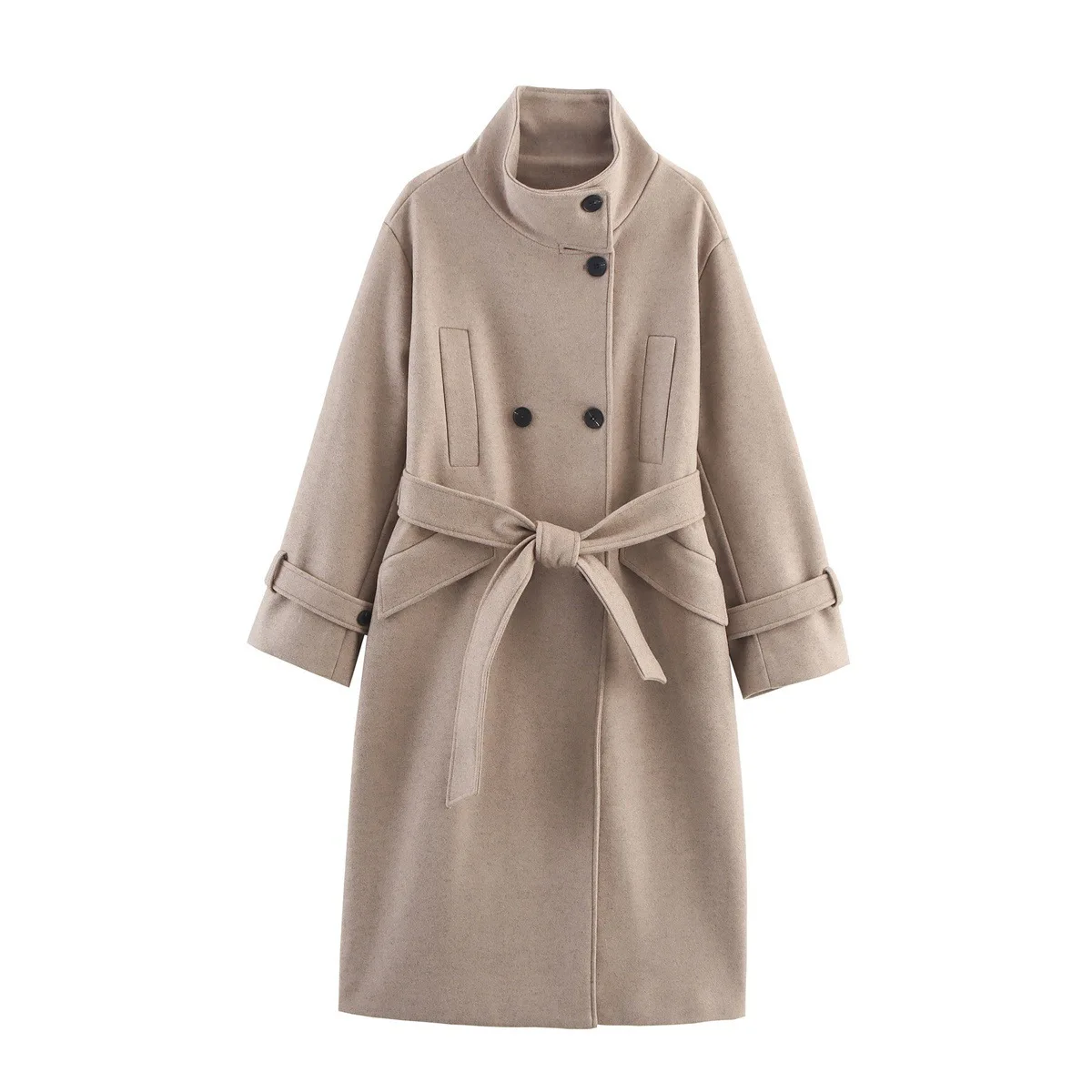 

Autumn 2025 Thiened Long Woolen Coat Casual Sle Silk Material Stand Collar Ele Aosphere for Young Women