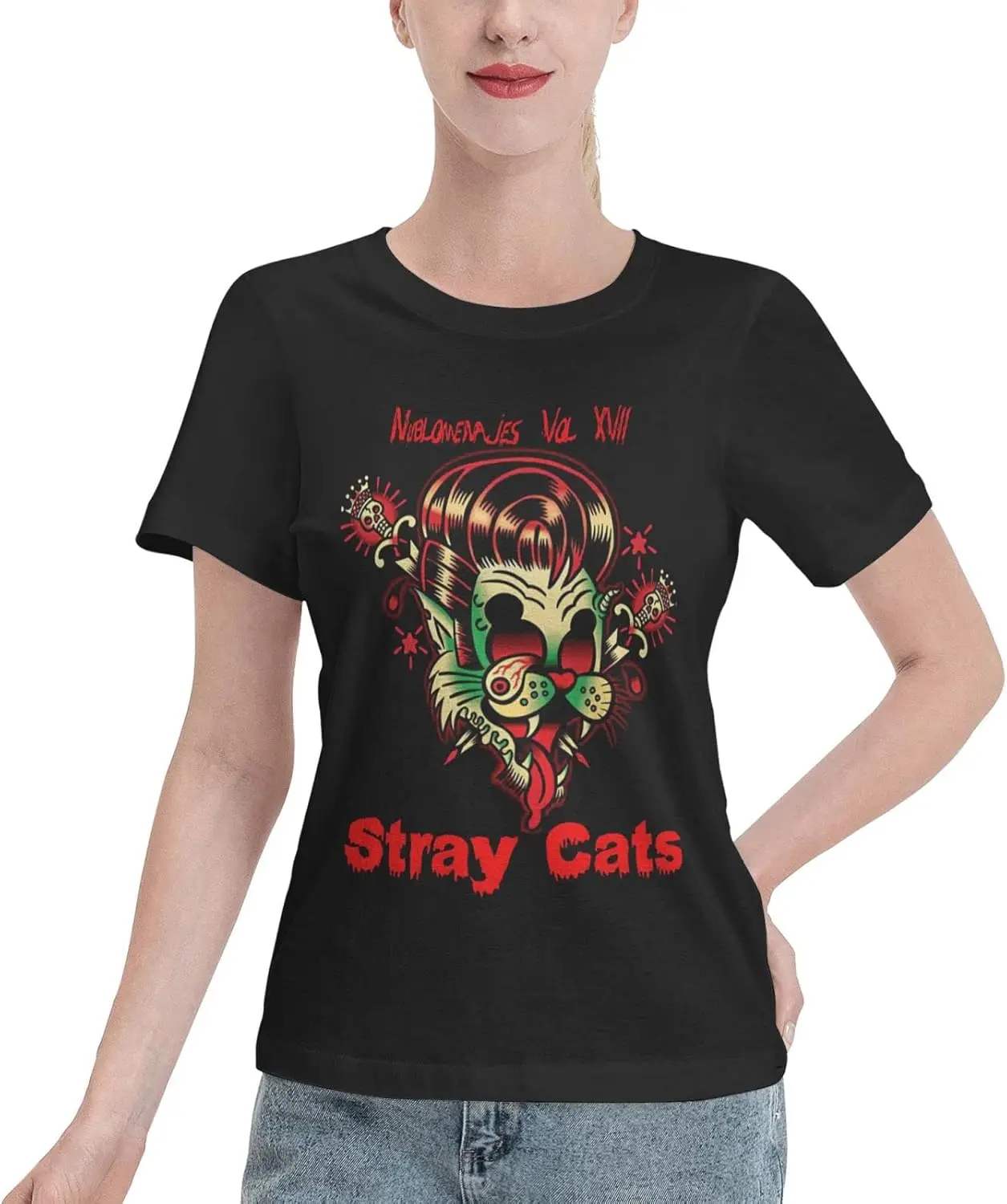 Stray Rock Cats Band Shirts Womens Summer Tops Cotton Short-Sleeve Clothes Crewneck T Shirt