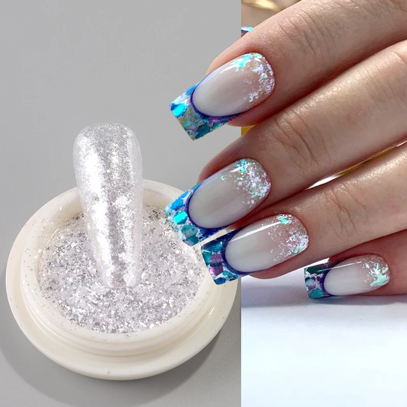 2 Box Pink White Crystal Opal Nail Powder Flakes Sparkling Ultra Thin Foils Iridescent Mermaid Chrome Mica Glitter Nail Decor