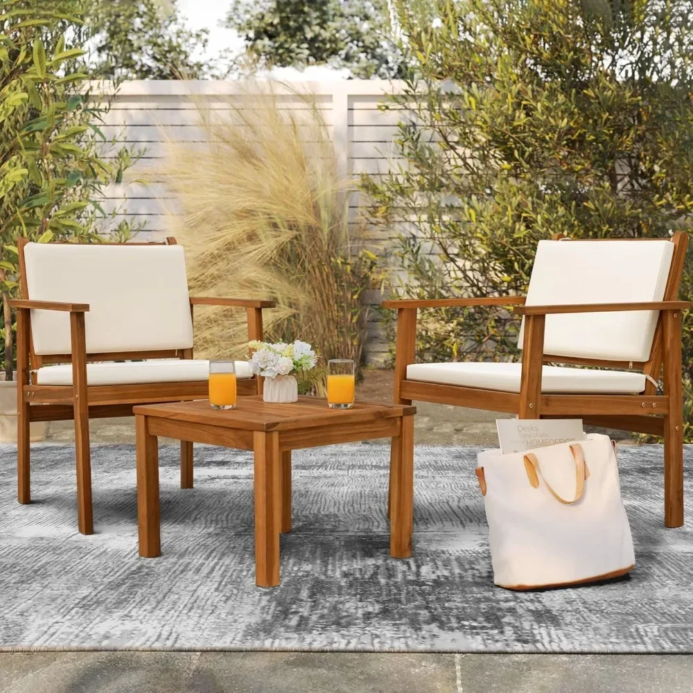 

Patio Chairs 3 Piece Acacia Wood Patio Furniture with Coffee Table & Cushions Outdoor Conversation Set Balcony Chairs for Porch