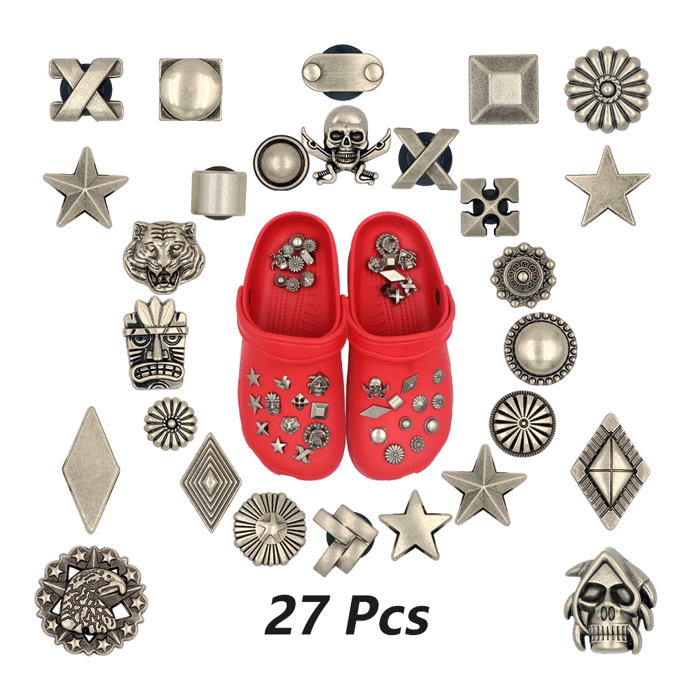 27 Pcs Vintage Clogs Shoe지비츠 버튼 Accessories Handmade Metal Round Square Diamond Pentagram Primitive Man Infantil Sandals Buttons