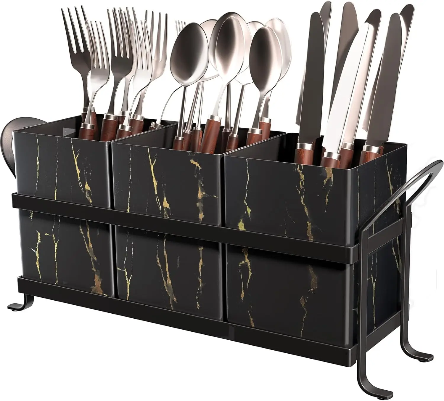 

Classic Farmhouse Kitchen Organizer Exquisite Black Gold Marble Metal Silverware Caddy 3 Spacious Compartments Ideal for Cutlery