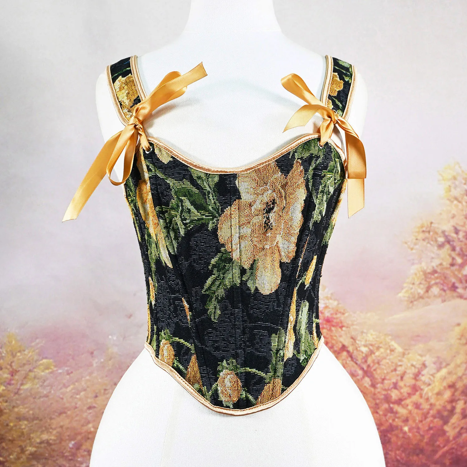 

Vintage Court Style Floral Jacquard Corset Golden Satin Bow Slimming Shaping Top Niche Design Corset