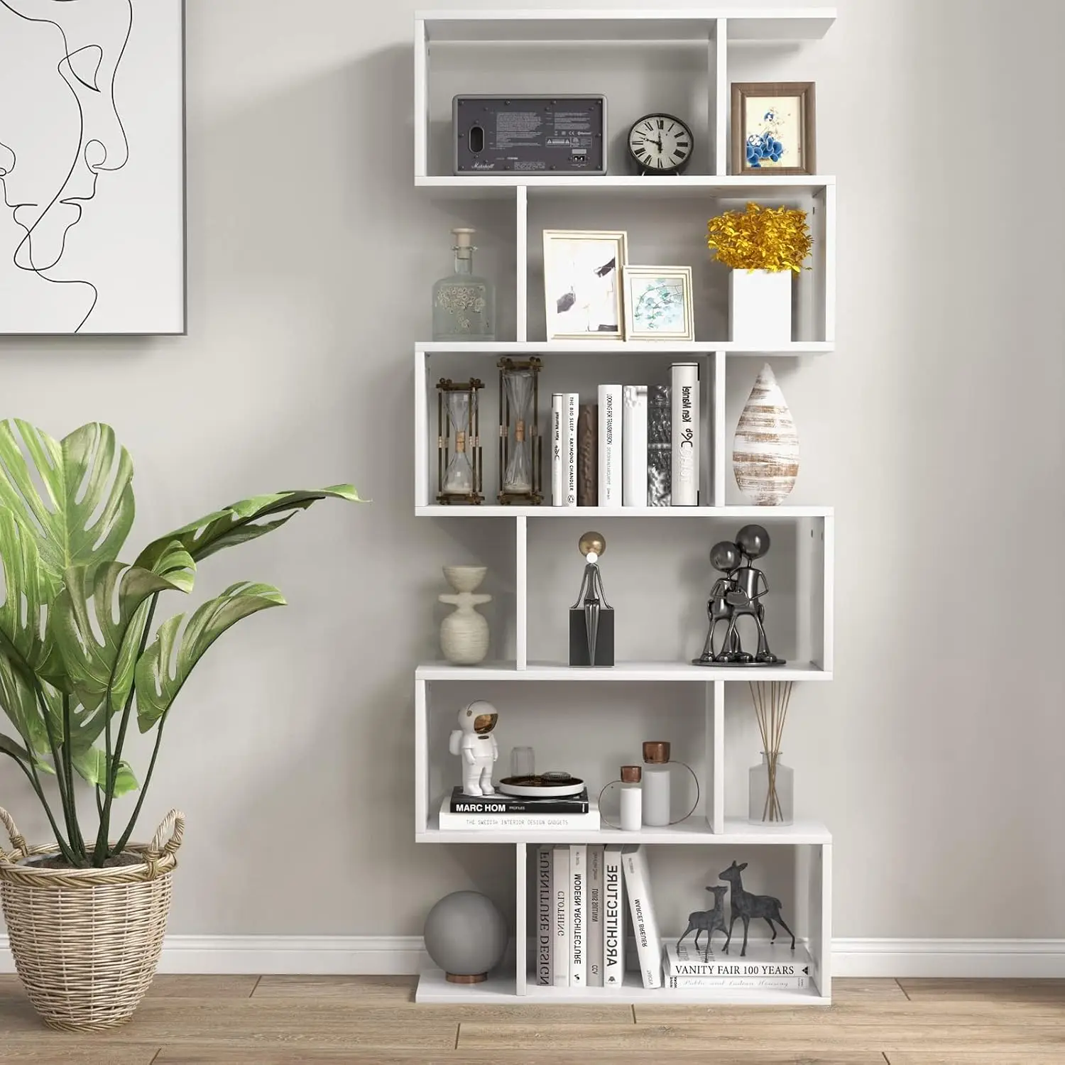 6-Tier Geometric Bookcase, Modern S-Shaped Storage Display Bookshelf for Living Room, Anti-Toppling Device, Customized