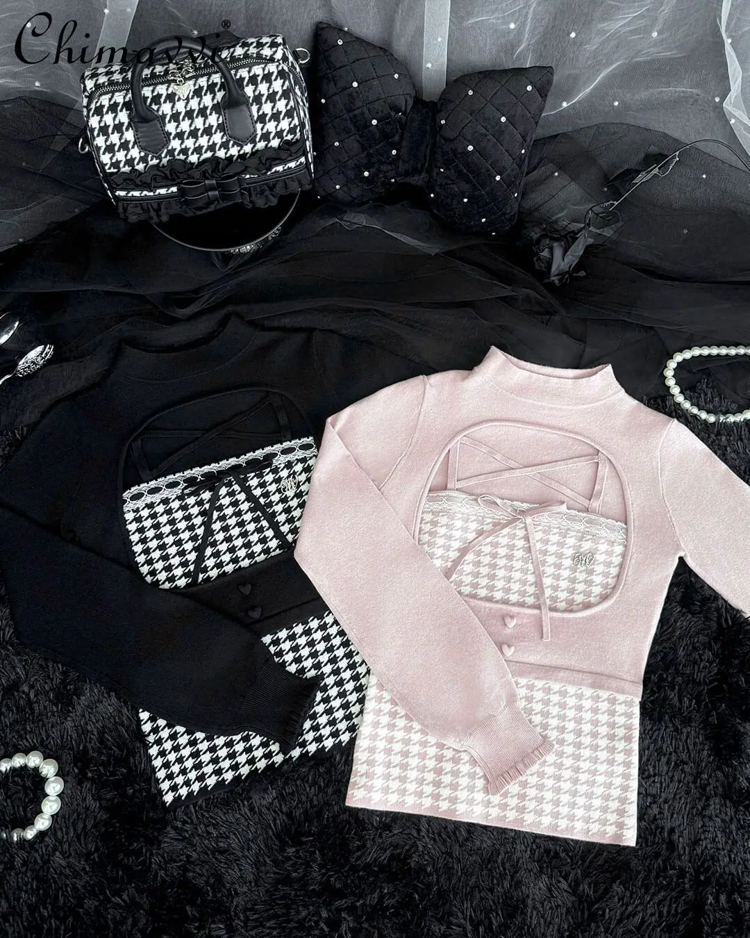 اليابانية الحلو فتاة Y2K سترة الخريف والشتاء موضة جديدة لطيف houndstooth و الجوف خارج التعادل محبوك سترة مجموعة للنساء #1