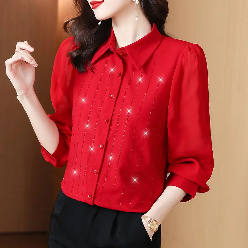 Mode Dames Heldere Zijden Vintage Knoopshirt 2023 Lente Nieuwe Forens Elegante Polo-Hals Effen Damesblouse Met Lange Mouwen