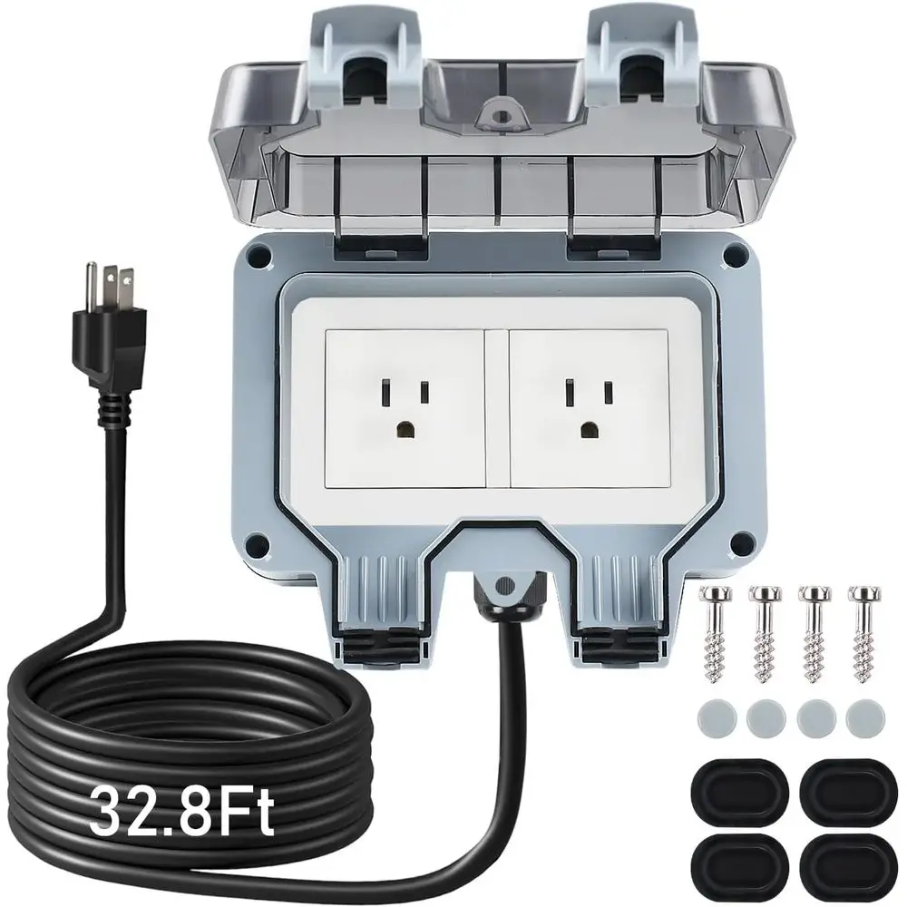 

Outdoor Power Outlet Box with 32.8ft Extension Cord, NEMA 5-15R, 14 AWG STW, Weatherproof IP66 Rated Electrical Outlet Extender