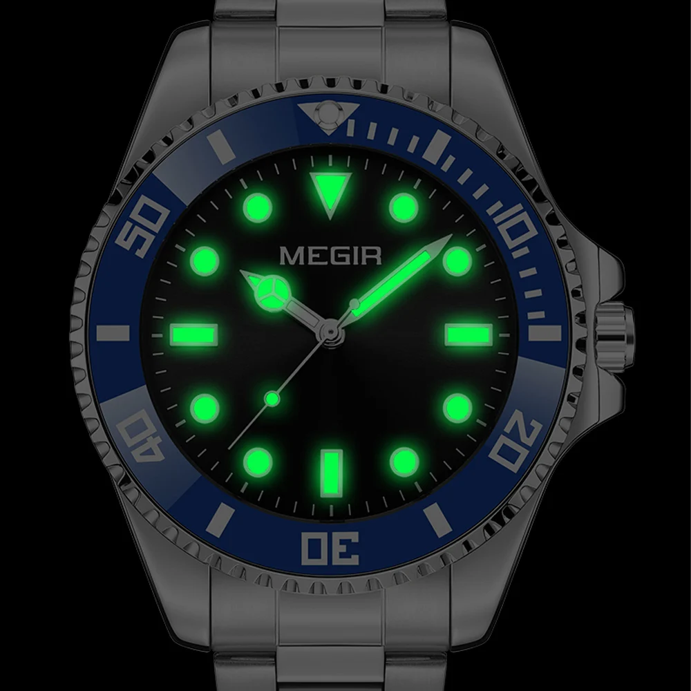 MEGIR ساعة كوارتز رجال العلامة التجارية الفاخرة الفولاذ المقاوم للصدأ تاريخ الساعات مقاوم للماء مضيئة رجل الأعمال ساعات المعصم ساعة Reloj