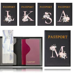 PU Leather Passport Cover Case Card Holder Fashion Pink Flower Letter Name Pattern Wallet Lightweight for Flight for Unisex