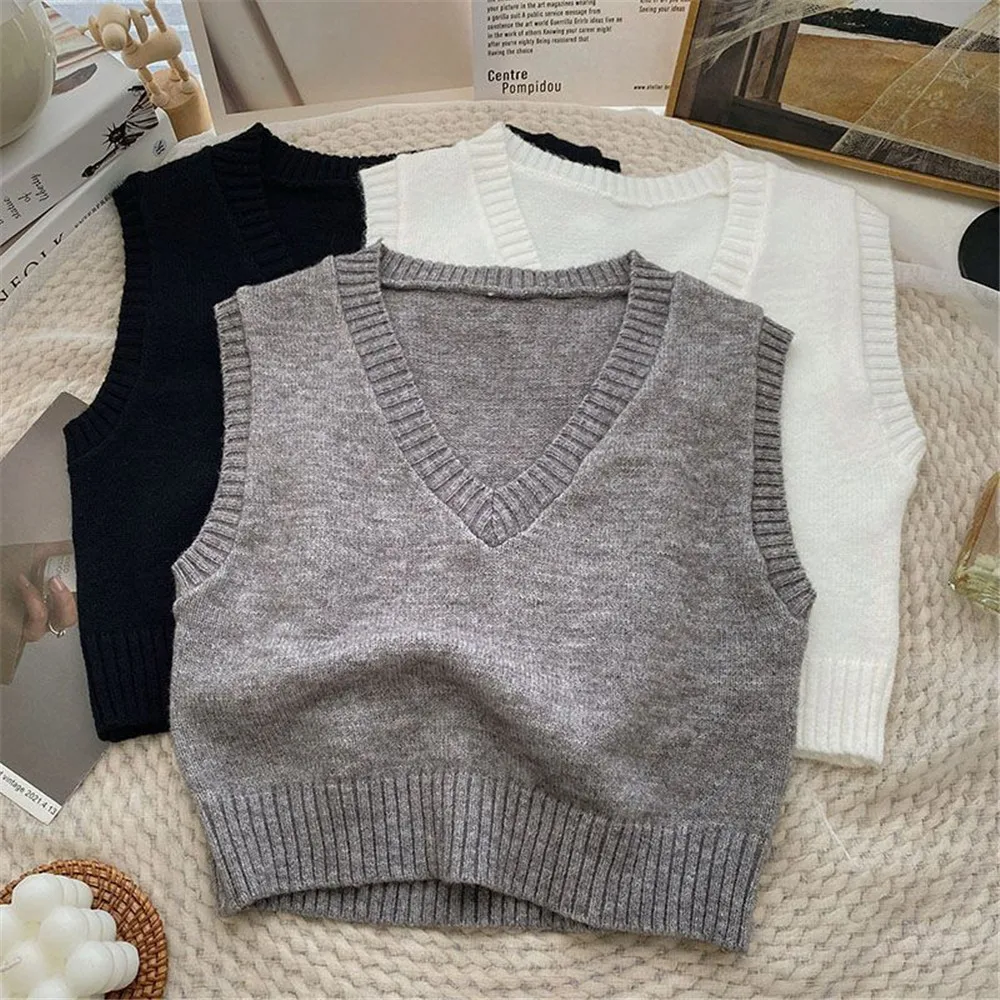 2024 Korean Preppy Style Fashion Ladies Knitwear Autumn Leisure Girls Sweater Vests Women Classic Cropped Pure Slim Basic New