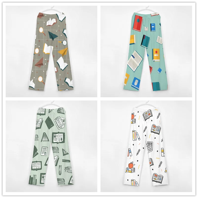 Pantalones de pijama con patrón de libro para hombre y mujer, ropa de dormir supersuave, Unisex, con bolsillos y cordón