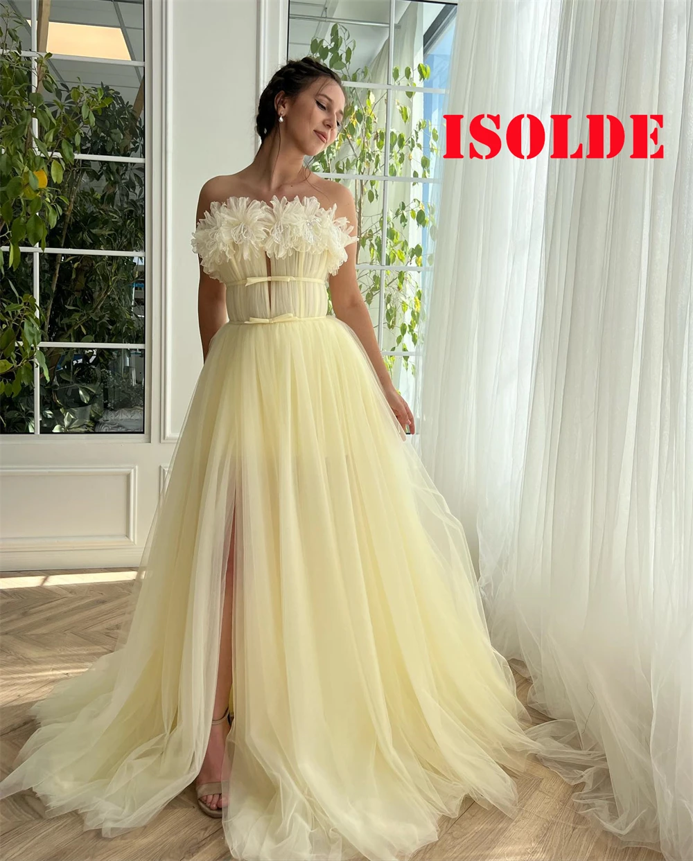 Personalizado simples amarelo tule vestido de noite clássico sem alças sem mangas vestidos de celebridades temperamento vestidos de ocasião especial