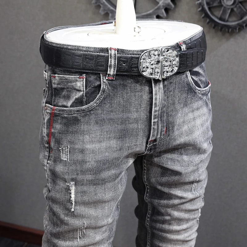 Fashion Designer Men Jeans High Quality Retro Black Gray Elastic Slim Fit Ripped Jeans Men Embroidery Vintage Denim Pants Hombre