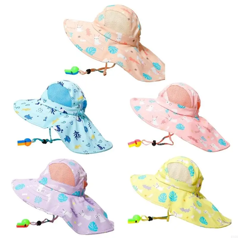 090B Breathable Sun Protections Beach Caps Infants Boy Girls Bucket Hat with Whistle Outdoor Large Brimmed Kids Foldable Caps