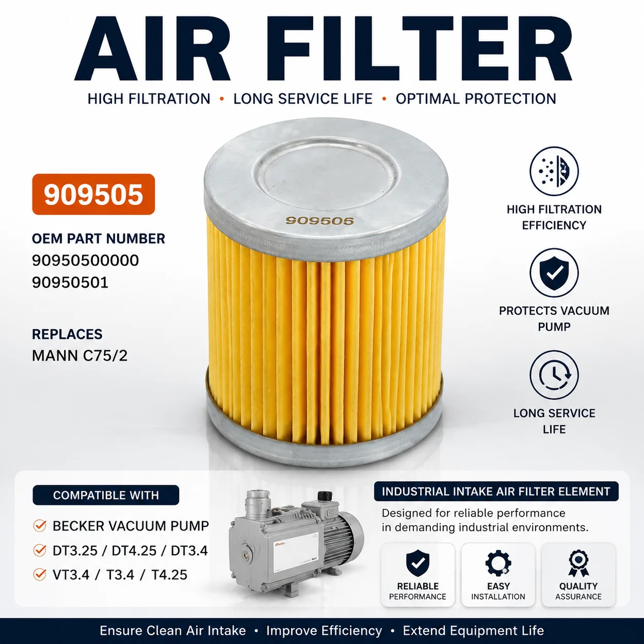 Filtro de Aire 909505 de Repuesto C75/2 para Bomba de Vacío BECKER DT3.25 DT4.25 DT3.4 VT3.4 T3.4 T4.25, Elemento de Filtro de Aire de Admisión Industrial