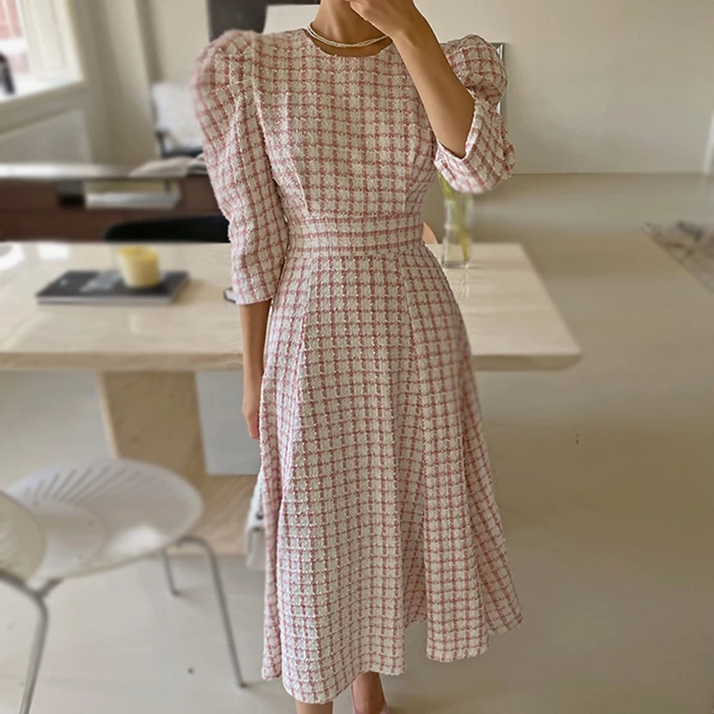 

Autumn Winter 2023 O Neck Bird Lattice Tweed Dress for Women French Chic Vintage Elegant Vestidos Slim Waist Puff Sleeve Robes